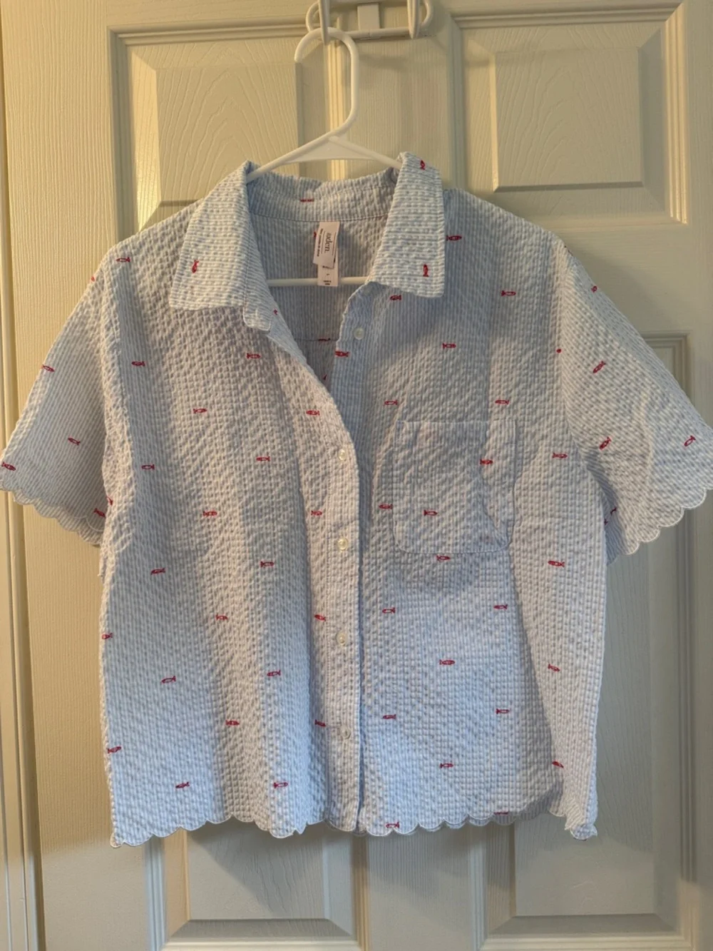 Light Blue Seersucker Two-Piece Pajama Set with red Accent cropped pants. Auden - Picture 4 of 6
